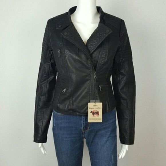 CI SONO Vegan Leather Motto Jacket With Detailed Texture Zip Up Biker - Picture 2 of 6
